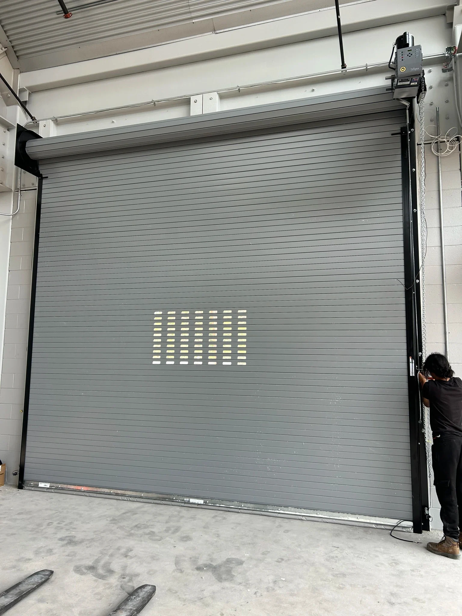 Interior view of a rolling steel door assembly