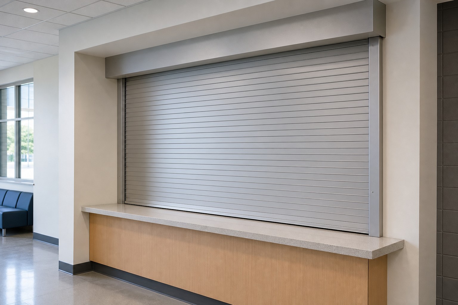 Closed rolling counter shutter at a commercial service opening