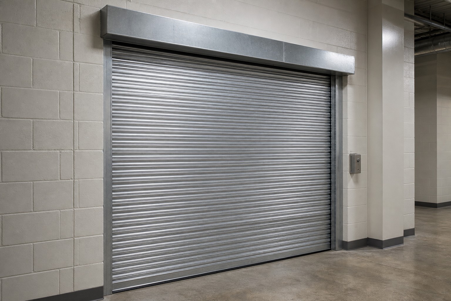 Closed rolling fire door installed at an interior commercial opening